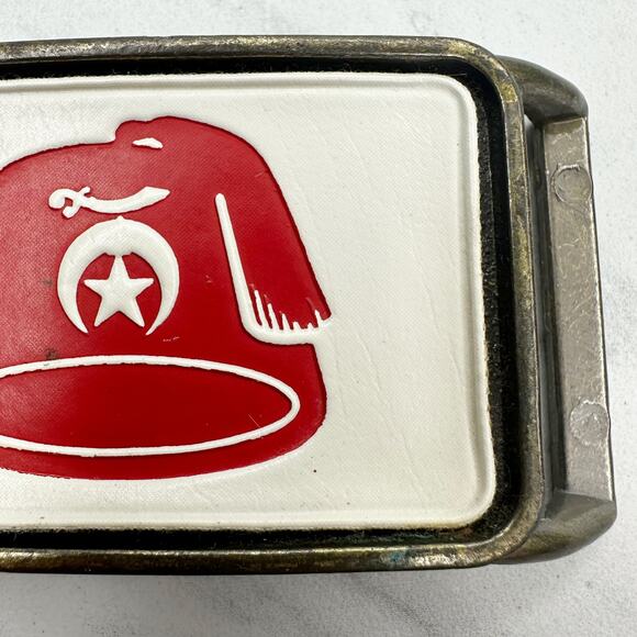 Vintage Shriners Fez Belt Buckle Red White Insert Masonic ✨ - Picture 3 of 10